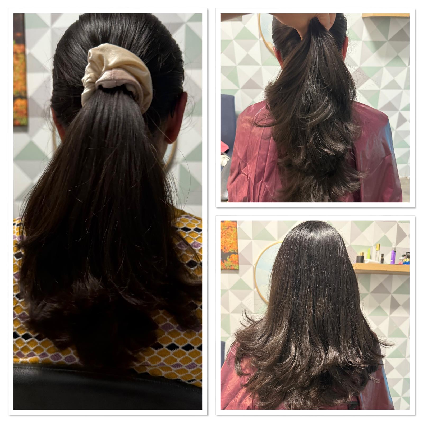 Collage van een knipbeurt: links het lange haar in een paardenstaart ervoor, rechts het resultaat met laagjes van achteren en opzij